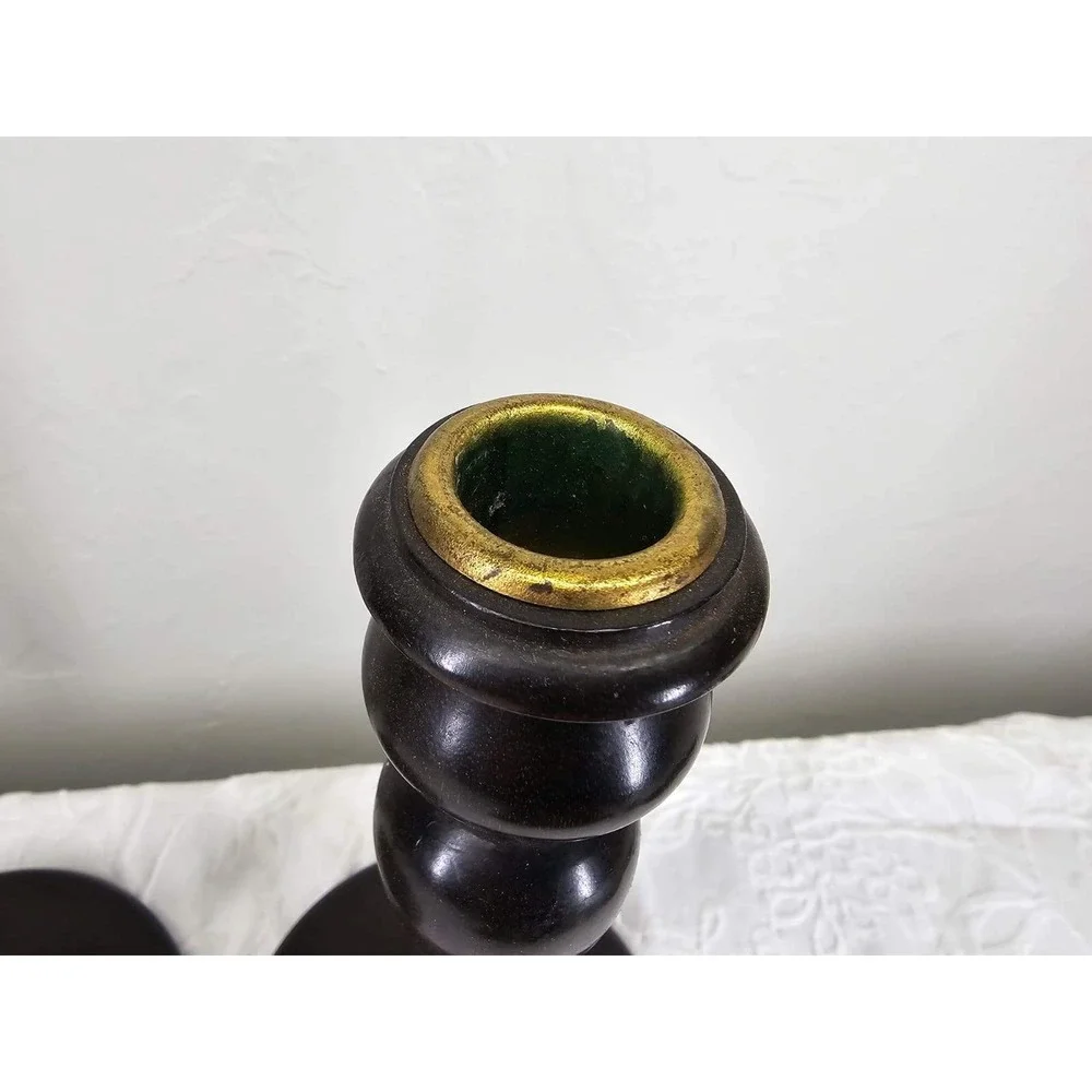 Antique 1900's Dark Wood Candlestick Holders Pair Ornate Brass‎ Top Elegant